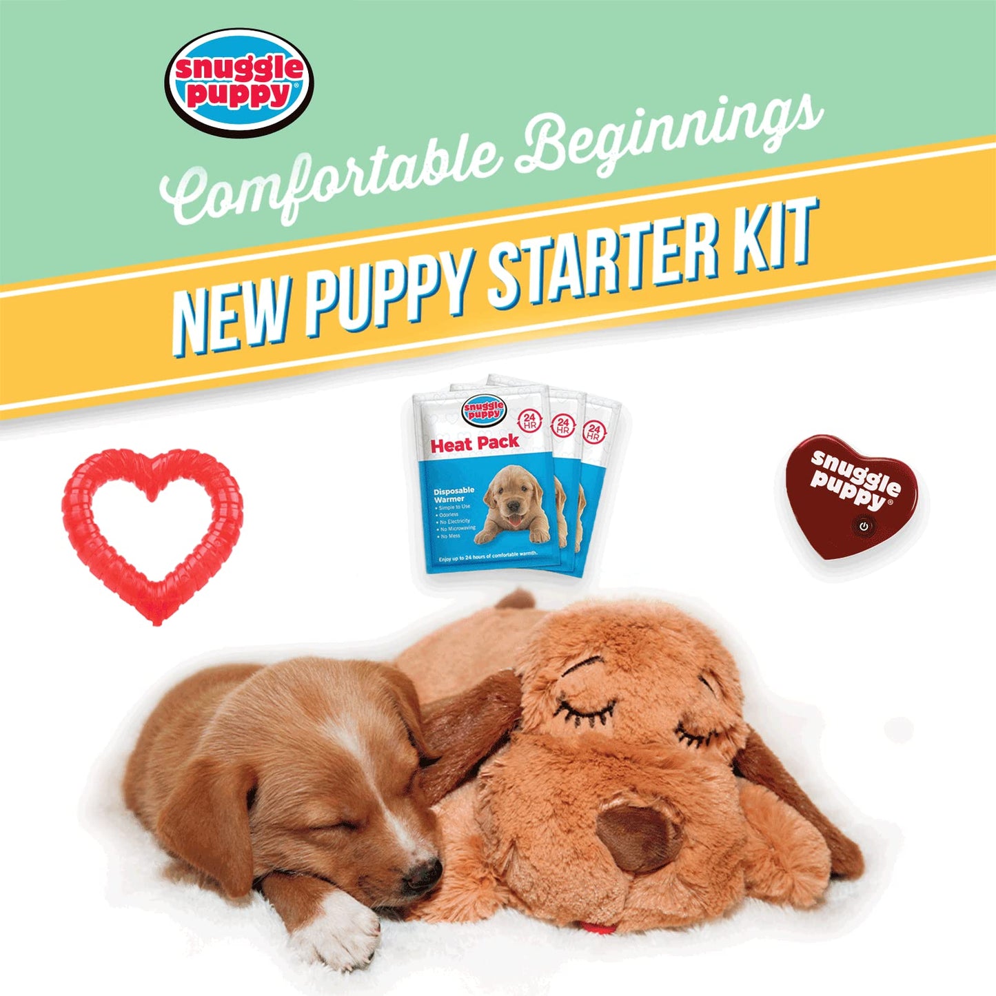 Original Snuggle Puppy Essentials Starter Kit. Heartbeat Dog Toy and Calming Aid with 3 Heat Packs, Puppy Teething Toy, Dog Chew Toy and Dog Blanket.