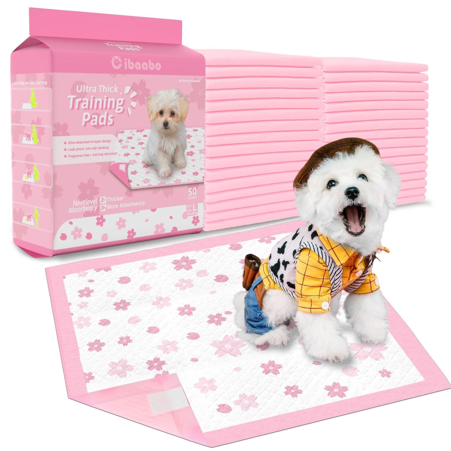 Cibaabo Puppy Pads, 23"x 23" Dog Pee Pad with Adhesive Tabs for Potty Training, Ultra Thick Leak-Proof Quiky-Dry Pink Puppy Essentials (Pink, 23x23in 50Ct)