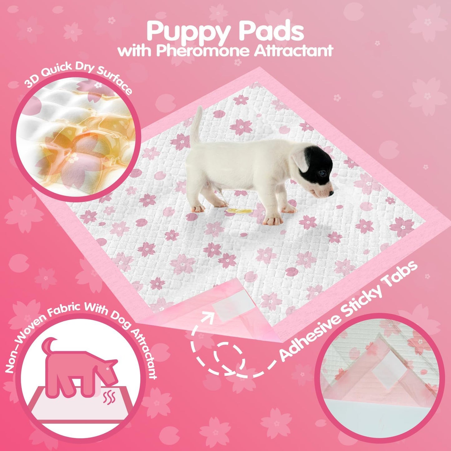 Cibaabo Puppy Pads, 23"x 23" Dog Pee Pad with Adhesive Tabs for Potty Training, Ultra Thick Leak-Proof Quiky-Dry Pink Puppy Essentials (Pink, 23x23in 50Ct)