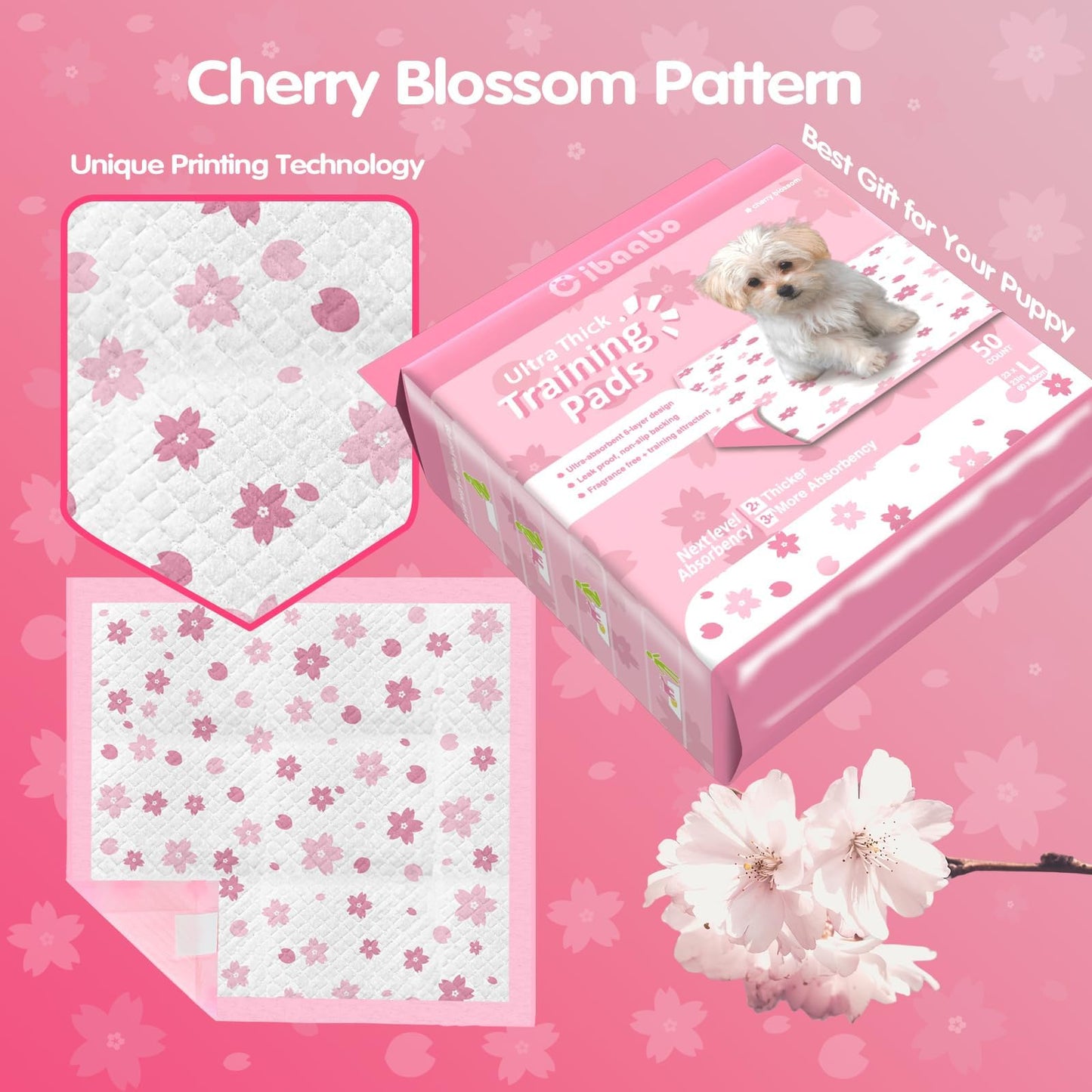 Cibaabo Puppy Pads, 23"x 23" Dog Pee Pad with Adhesive Tabs for Potty Training, Ultra Thick Leak-Proof Quiky-Dry Pink Puppy Essentials (Pink, 23x23in 50Ct)