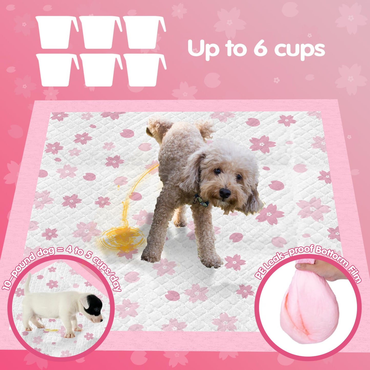 Cibaabo Puppy Pads, 23"x 23" Dog Pee Pad with Adhesive Tabs for Potty Training, Ultra Thick Leak-Proof Quiky-Dry Pink Puppy Essentials (Pink, 23x23in 50Ct)