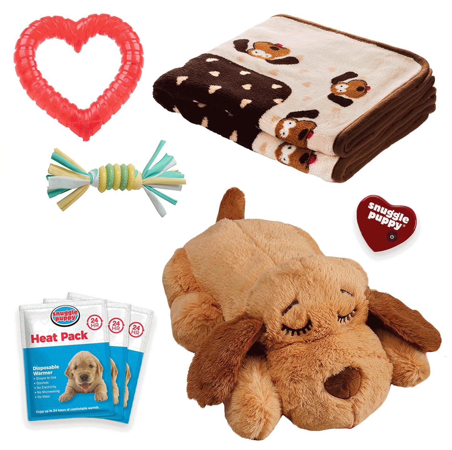 Original Snuggle Puppy Essentials Starter Kit. Heartbeat Dog Toy and Calming Aid with 3 Heat Packs, Puppy Teething Toy, Dog Chew Toy and Dog Blanket.