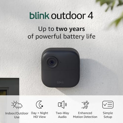 Blink Outdoor 4 (newest model), Wire-free smart security camera, two-year battery life, two-way audio, HD live view, enhanced motion detection, Works with Alexa – 1 camera system