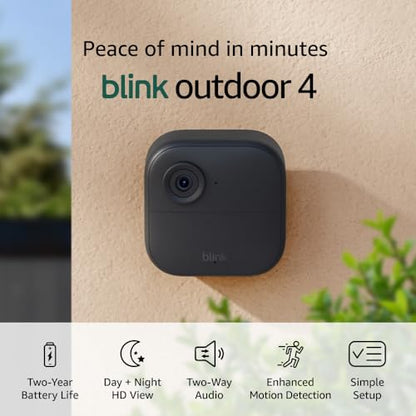 Blink Outdoor 4 (newest model), Wire-free smart security camera, two-year battery life, two-way audio, HD live view, enhanced motion detection, Works with Alexa – 1 camera system