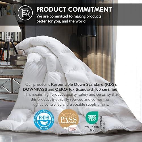 Luxurious Queen Size Goose Down Fiber Waterfowl Feather Fiber Comforter Duvet, 100% Egyptian Cotton Cover, 48 oz. Fill Weight, Baffle Box Design, White Solid