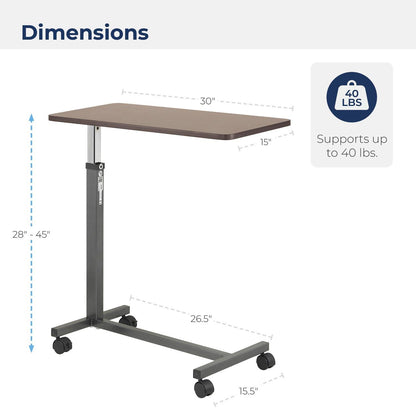 Drive Medical 13067 Non Tilt Top Overbed Table with Wheels, BedSide Table, Adjustable Overbed Rolling Table, Adjustable Standing Desk or Hospital Tray Table with Secure Height Adjustment, Silver Vein