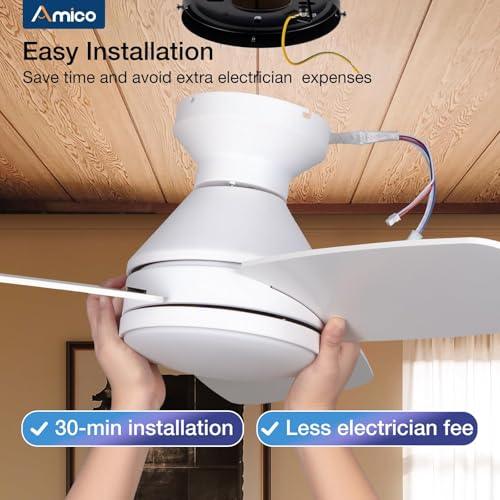 Amico Ceiling Fans with Lights, 42 inch Low Profile Ceiling Fan with Light and Remote Control, Flush Mount, Reversible, 3CCT, Dimmable, Noiseless, White Ceiling Fan for Bedroom, Indoor/Outdoor Use