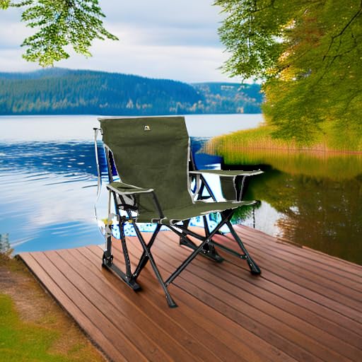 GCI Outdoor Kickback Rocker Camping Chair | Portable Folding Rocking Chair with Durable Armrests, Drink Holder & Relaxed Lowered Seat for Comfort — Loden Green