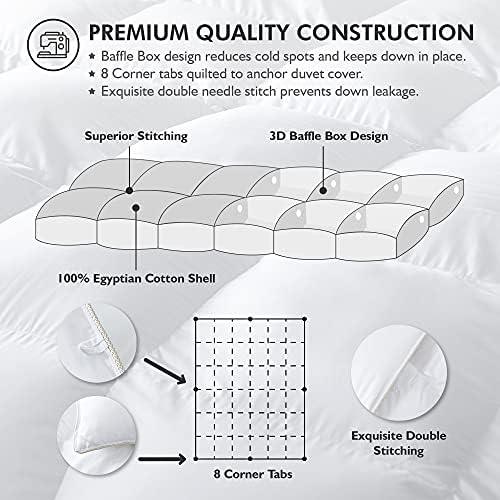 Luxurious Queen Size Goose Down Fiber Waterfowl Feather Fiber Comforter Duvet, 100% Egyptian Cotton Cover, 48 oz. Fill Weight, Baffle Box Design, White Solid