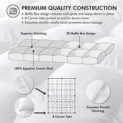 Luxurious Queen Size Goose Down Fiber Waterfowl Feather Fiber Comforter Duvet, 100% Egyptian Cotton Cover, 48 oz. Fill Weight, Baffle Box Design, White Solid