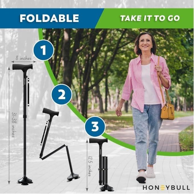 HONEYBULL Walking Cane for Men & Women - Foldable, Adjustable, Collapsible, Free Standing Cane, Pivot Tip, Heavy Duty | Walking Sticks, Folding Canes for Seniors & Adults [Black]