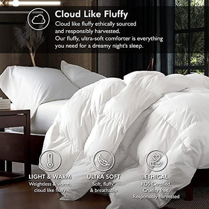 Luxurious Queen Size Goose Down Fiber Waterfowl Feather Fiber Comforter Duvet, 100% Egyptian Cotton Cover, 48 oz. Fill Weight, Baffle Box Design, White Solid