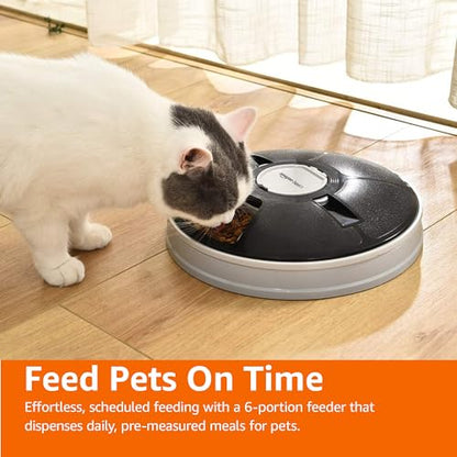 Amazon Basics Automatic Pet Feeder, Electronic Timed Dog and Cat Food Dispenser, 6 Portions, Plastic, Black, 12" X 12" X 2.3"