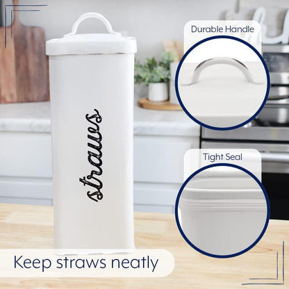 AuldHome Design Farmhouse Enamelware Straw Holder (White); Rustic Metal Straw Storage Canister