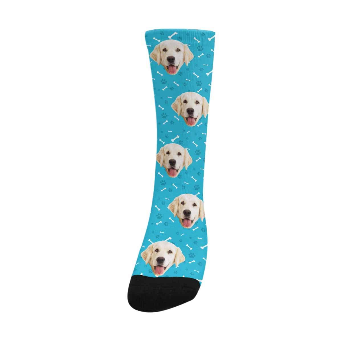 Custom Print Your Photo Pet Face Socks, Personalized Bones Cat Dog Tracks Paws Blue Crew Socks for Men Women