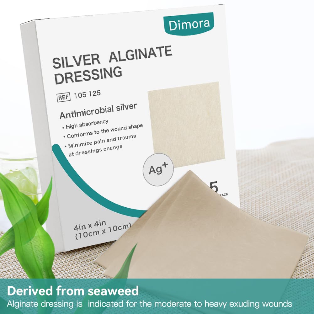 Dimora Upgrade Silver Calcium Alginate Wound Dressing -Antibacterial Non Stick Gauze, Highly Absorbent Sterile Bandage Pads,4'' x 4'' Patches 5 Packs