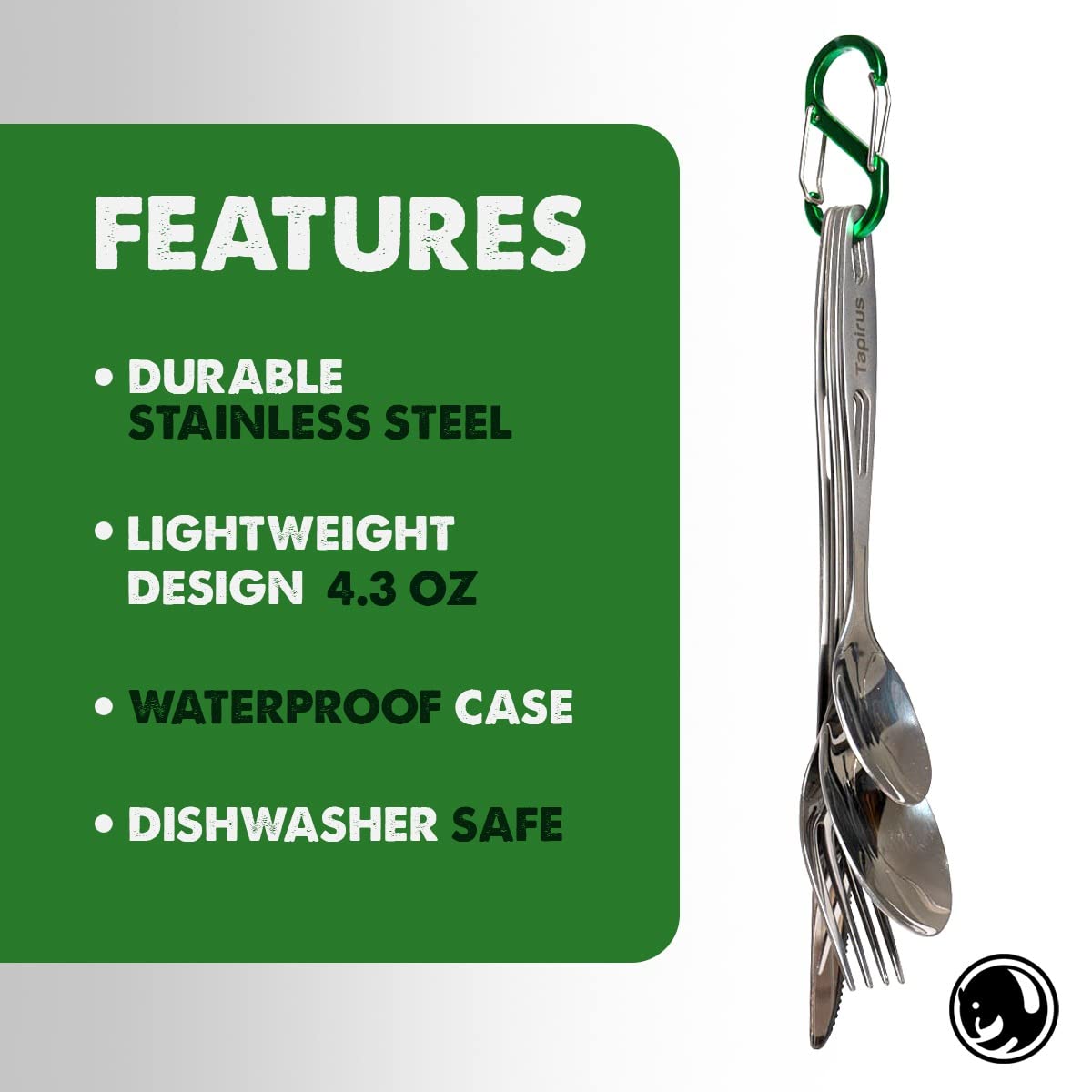 Tapirus Camp Utensils To Go | 6-piece Portable Set | Durable Stainless Steel | Light Weight Silverware With Waterproof Carrying Case | Ideal Equipment For Your Meal On The Go | Carabiner Included