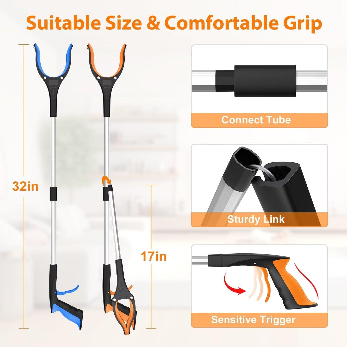 REWKCY 32" Grabber Reacher Tool, 2-Pack Foldable Reacher Grabber Pickup Tool with 360° Rotating Jaw & Magnet, Trash Picker Upper Grabber, Lightweight Grabbers for Seniors Heavy Duty