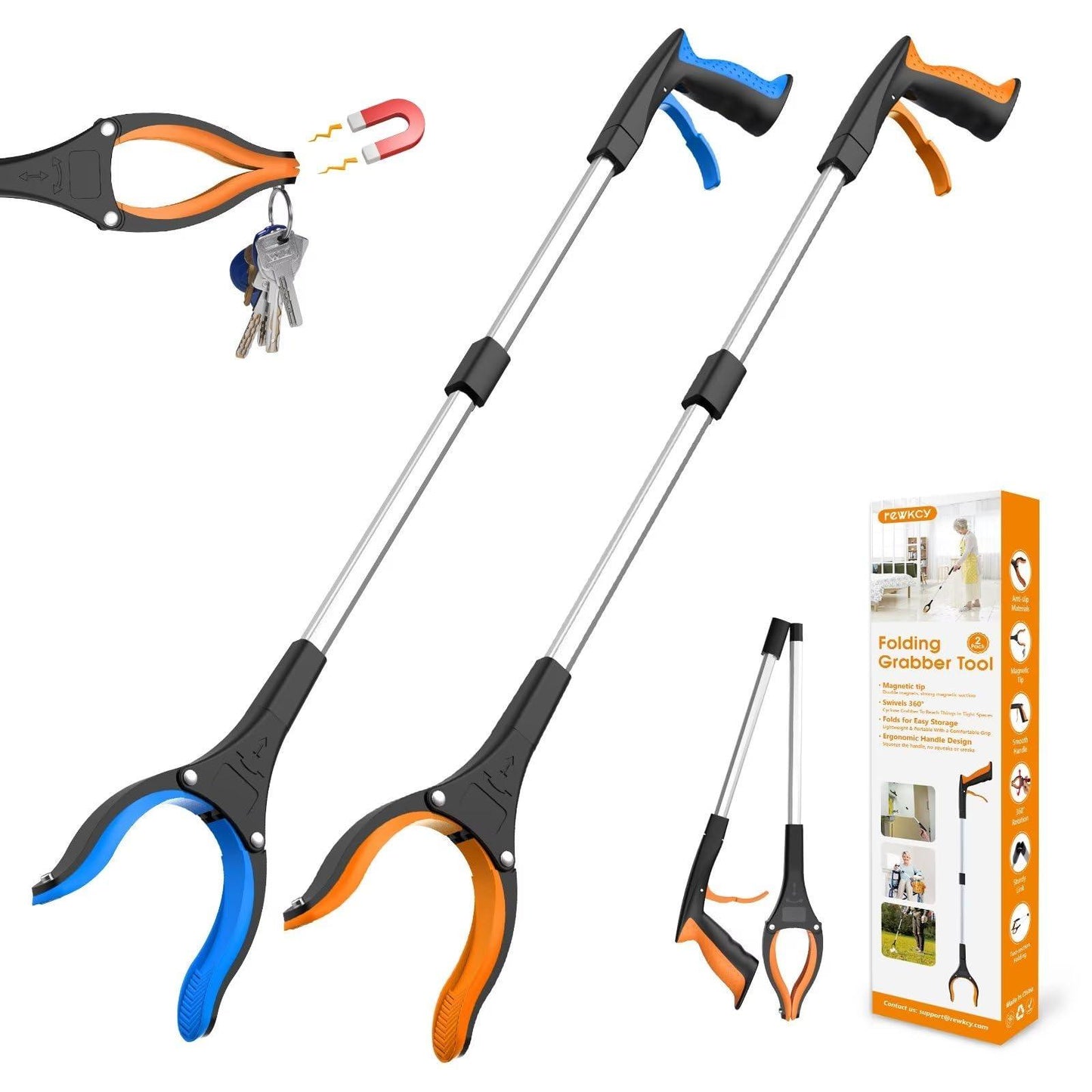 REWKCY 32" Grabber Reacher Tool, 2-Pack Foldable Reacher Grabber Pickup Tool with 360° Rotating Jaw & Magnet, Trash Picker Upper Grabber, Lightweight Grabbers for Seniors Heavy Duty