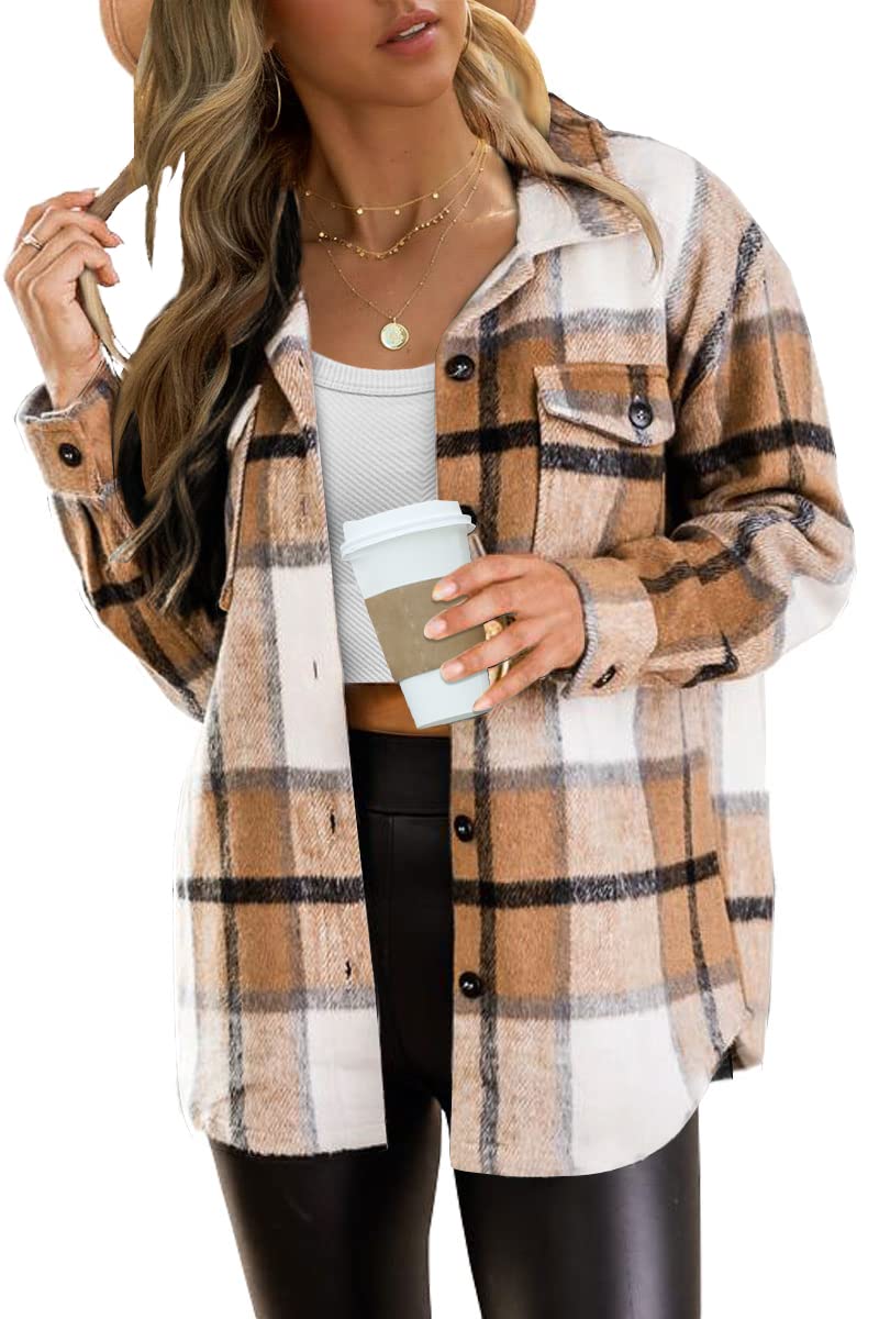 AUTOMET Womens Fall Outfits Fashion Clothes Shackets Flannel Plaid Button Down Long Sleeve Shirts Jackets 2024 Apricot L