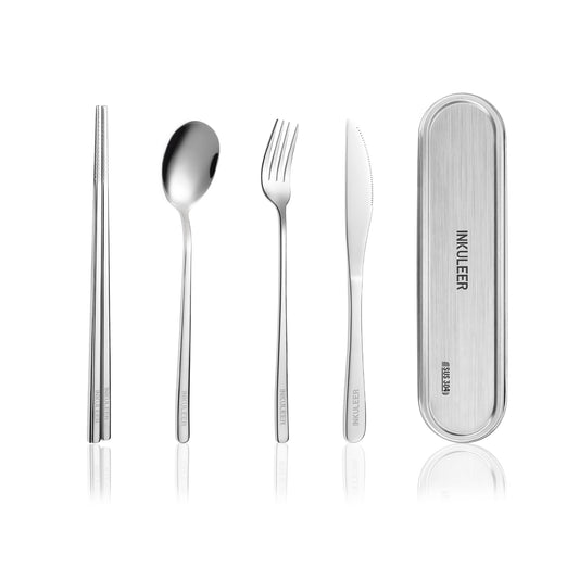 INKULEER Travel Cutlery Set - 18/8 Stainless Steel Reusable Utensils with Metal Case, Portable Silverware for Camping, Office, Travel & Outdoor Dining