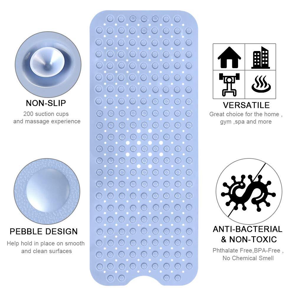 YINENN Bath and Shower Safety Mats 40 x 16 Inch Non-Slip and Extra Large, Bath Floor Mats with Suction Cups, Machine Washable Bathroom Mats with Drain Holes, Light Blue