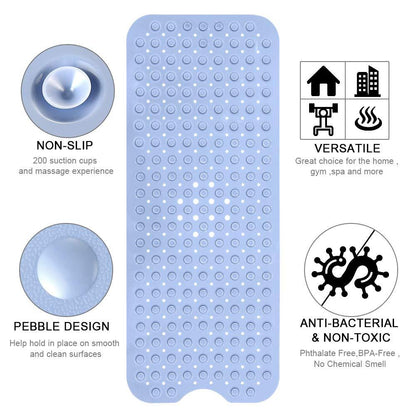 YINENN Bath and Shower Safety Mats 40 x 16 Inch Non-Slip and Extra Large, Bath Floor Mats with Suction Cups, Machine Washable Bathroom Mats with Drain Holes, Light Blue