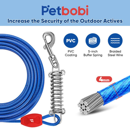 Petbobi Dog Tie-Out Cable and Stake - 30FT Heavy Duty Cable with Spring - No Tangle, 16-inch Ground Stake - Ideal for Yard, Camping, and Beach - Suitable for Medium to Large Dogs Up to 120 lbs, Blue