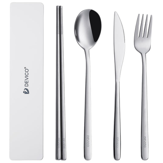 DEVICO Travel Utensils With Case, Camping Silverware, Portable Cutlery Flatware Set for Lunch, Reusable 18/8 Stainless Steel Knife Spoon Fork Chopsticks