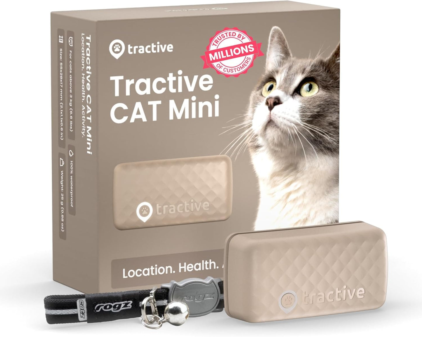 Tractive GPS Tracker & Health Monitoring for Cats (6.5 lbs+) - Market Leading Pet GPS Location Tracker | Wellness & Escape Alerts | Waterproof | Works with Any Collar (Brown)