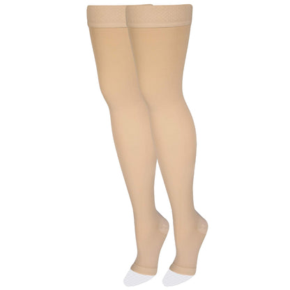 Amazon Basic Care Medical Compression Stockings, 20-30 mmHg Support, Women & Men Thigh Length Hose, Open Toe, Beige, X-Large (Previously NuVein)