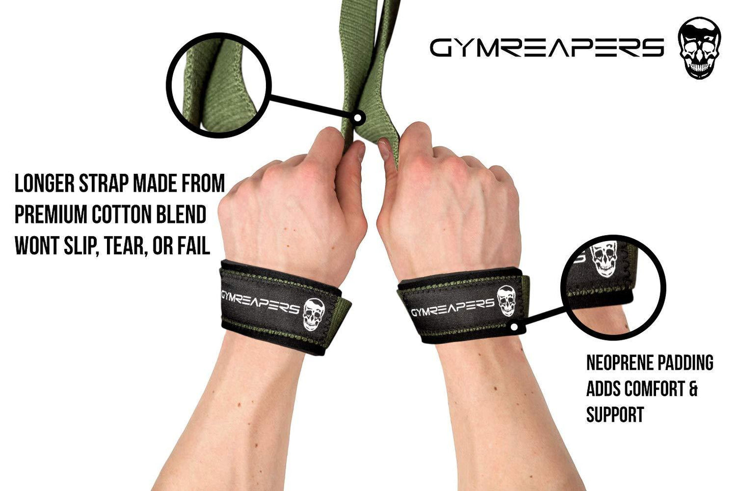 Gymreapers Lifting Wrist Straps for Weightlifting, Bodybuilding, Powerlifting, Strength Training, & Deadlifts - Padded Neoprene with 18" Cotton (Military Green)