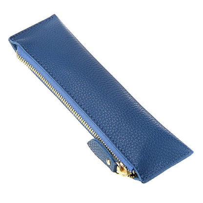 BTSKY Genuine Leather Pencil Case - Zippered Pen Case Stationery Bag Zipper Pouch Pencil Holder(Blue)