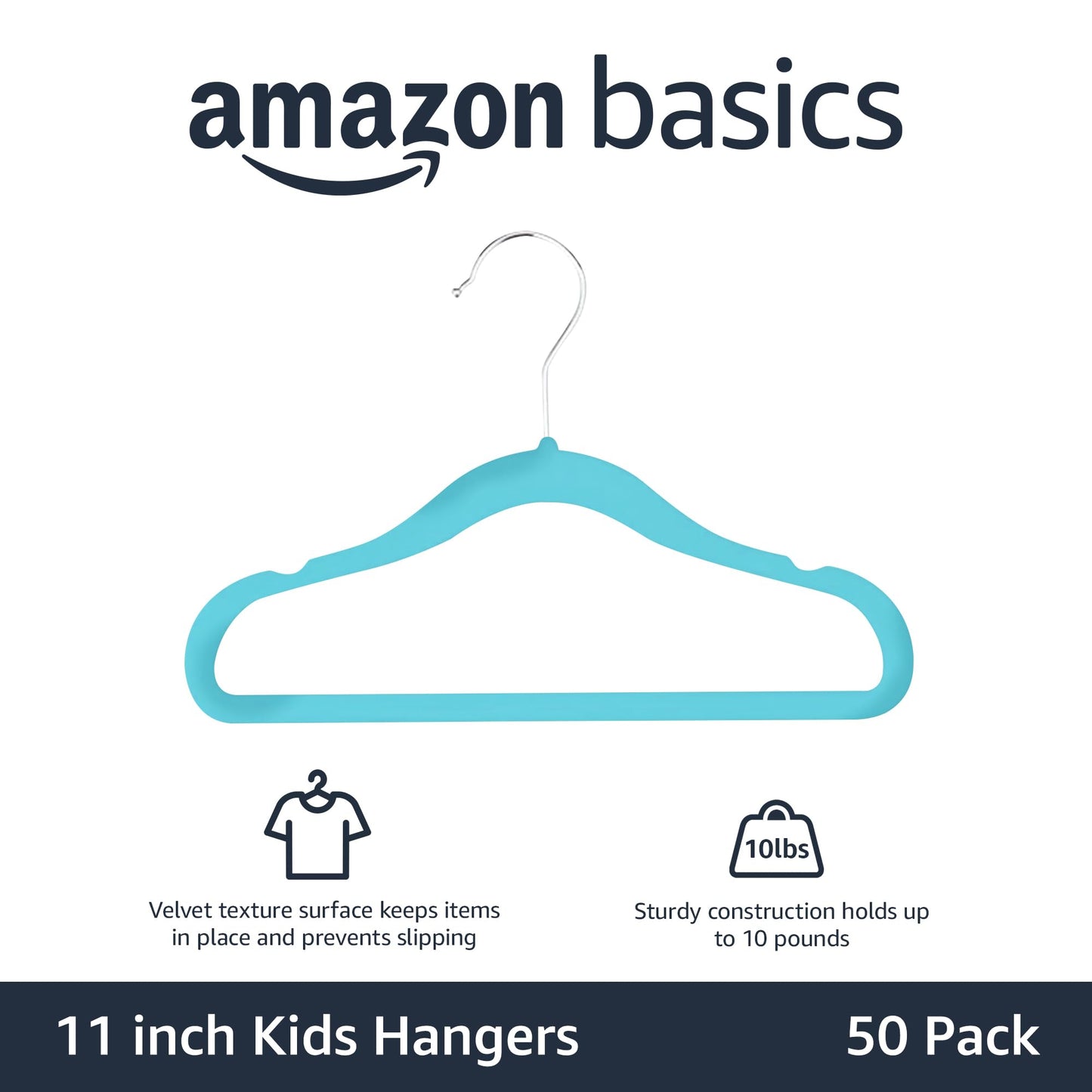 Amazon Basics Kids Velvet, Non-Slip Clothes Hangers for Infant and Toddler, 11.6 Inches (for baby clothes), Pack of 50, Blue