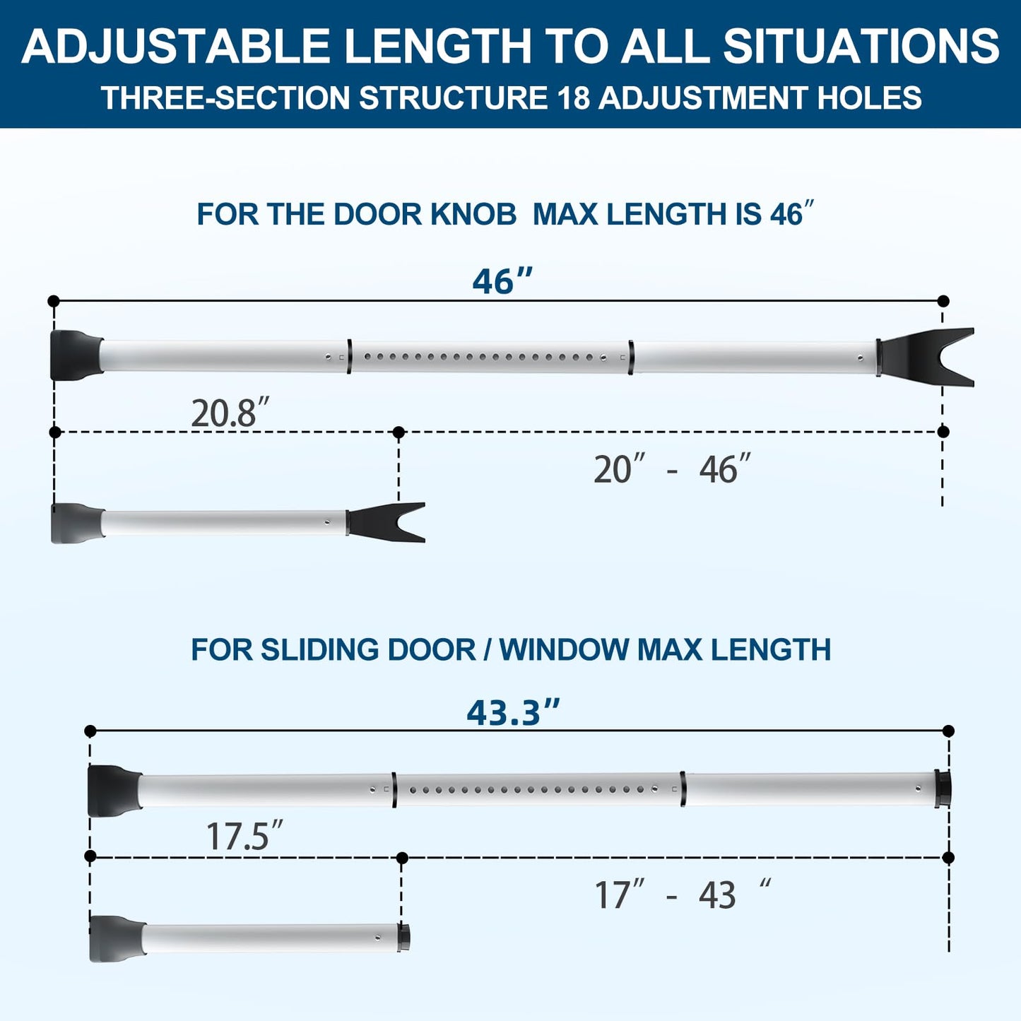 2 Pack Rerishom Door Security Bar, Door Stoppers Security bar,Heavy Duty Door Lock Security Door Jammer Door Stopper for Apartment, Hotel Room,Screen Door Hardware, Gate Lock Bar