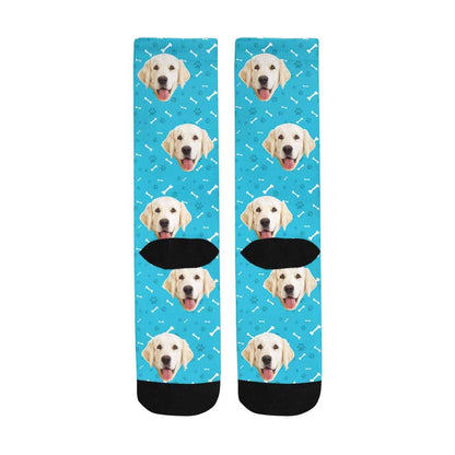 Custom Print Your Photo Pet Face Socks, Personalized Bones Cat Dog Tracks Paws Blue Crew Socks for Men Women