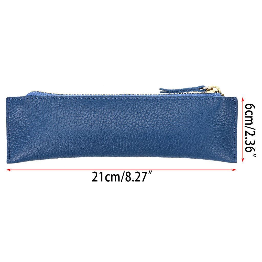 BTSKY Genuine Leather Pencil Case - Zippered Pen Case Stationery Bag Zipper Pouch Pencil Holder(Blue)