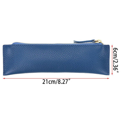 BTSKY Genuine Leather Pencil Case - Zippered Pen Case Stationery Bag Zipper Pouch Pencil Holder(Blue)