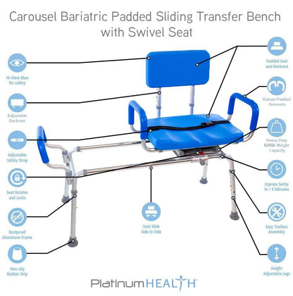 Carousel Sliding Shower Chair Tub Transfer Bench with Swivel Seat, Premium Padded Bath, with Pivoting Arms, Adjustable Space Saving Design for Tubs, Inside Shower, for Handicap & Seniors, Blue