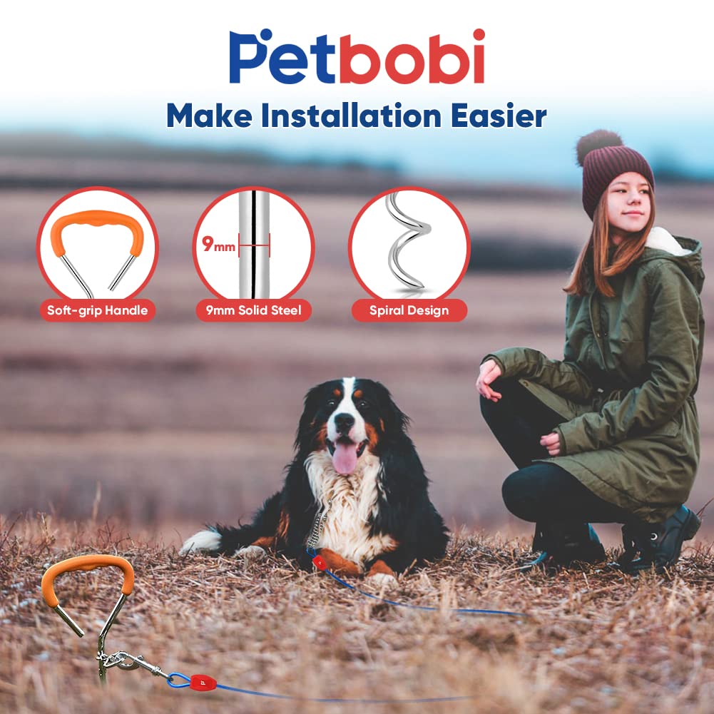 Petbobi Dog Tie-Out Cable and Stake - 30FT Heavy Duty Cable with Spring - No Tangle, 16-inch Ground Stake - Ideal for Yard, Camping, and Beach - Suitable for Medium to Large Dogs Up to 120 lbs, Blue