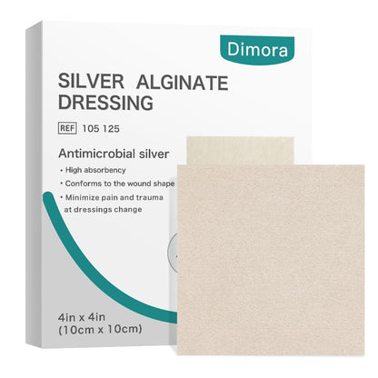 Dimora Upgrade Silver Calcium Alginate Wound Dressing -Antibacterial Non Stick Gauze, Highly Absorbent Sterile Bandage Pads,4'' x 4'' Patches 5 Packs