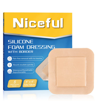 Niceful Silicone Foam Dressing 4"x4", Waterproof Silicone Bandages with Border Adhesive, High Absorbency Bed Sore Bandages Wound Care Dressing (2.5"X2.5" Pad), 5 Packs, FSA HSA Eligible