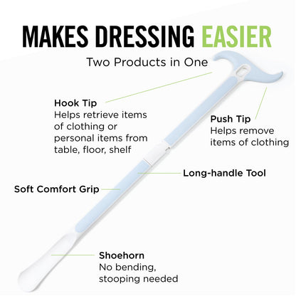 Juvo Long Handle Shoehorn and Dressing Aid - for Elderly, Disabled, Limited Mobility, Hip Replacement Recovery, Back, Shoulder and Knee Surgery - Helps Getting Dressed Without Bending or Stooping