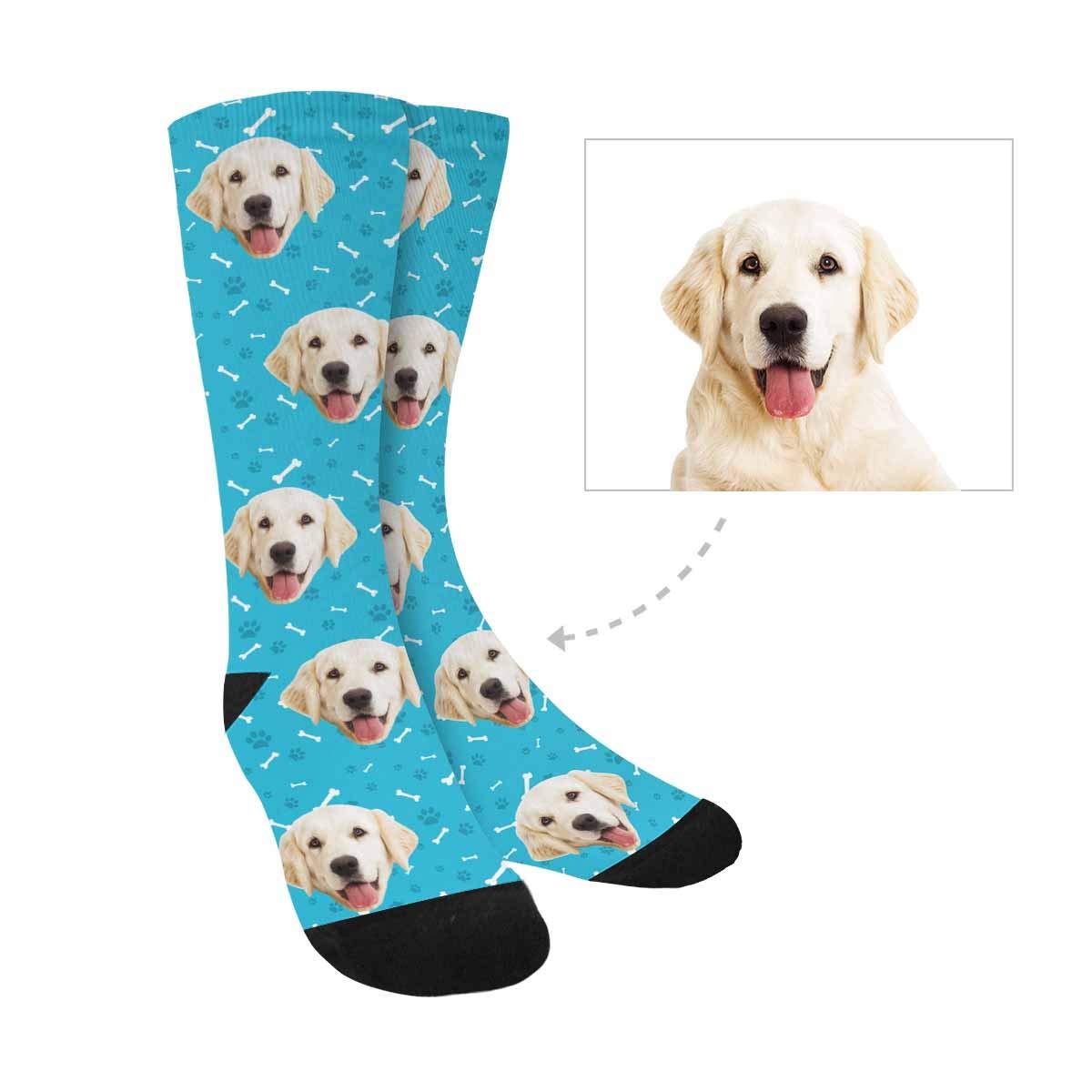 Custom Print Your Photo Pet Face Socks, Personalized Bones Cat Dog Tracks Paws Blue Crew Socks for Men Women