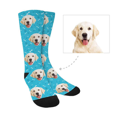 Custom Print Your Photo Pet Face Socks, Personalized Bones Cat Dog Tracks Paws Blue Crew Socks for Men Women