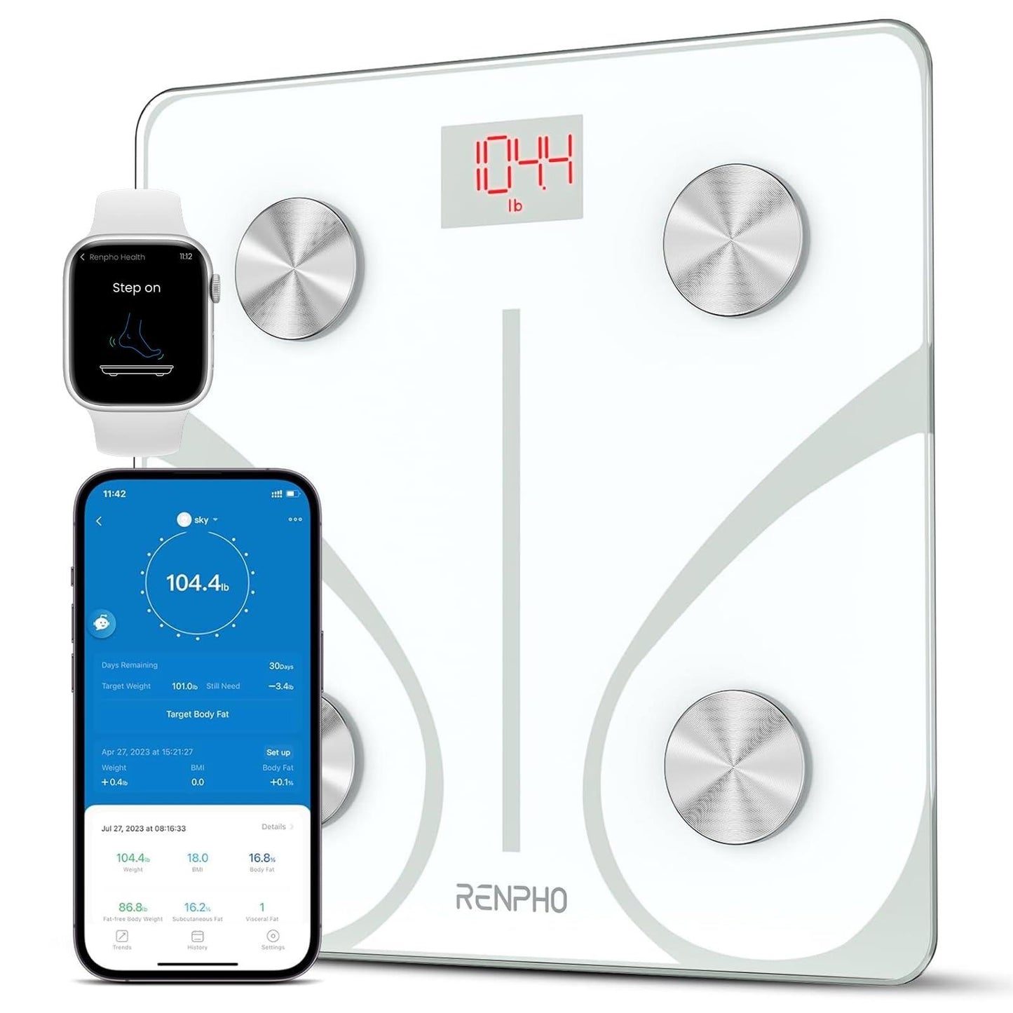 RENPHO Smart Scale for Body Weight, FSA HSA Eligible, Digital Bathroom Scale BMI Weighing Bluetooth Body Fat Scale, Body Composition Monitor Health Analyzer with Smartphone App (White, 11"/280mm)