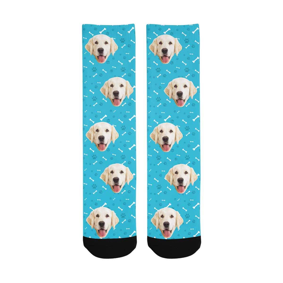 Custom Print Your Photo Pet Face Socks, Personalized Bones Cat Dog Tracks Paws Blue Crew Socks for Men Women