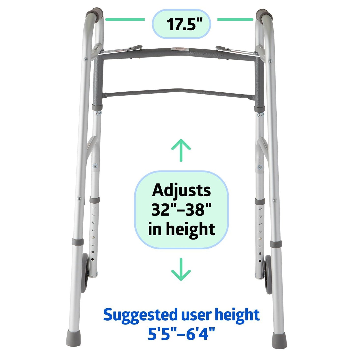 Medline Lightweight Folding Walker with 5" Wheels, Aluminum Frame Supports up to 300 lbs