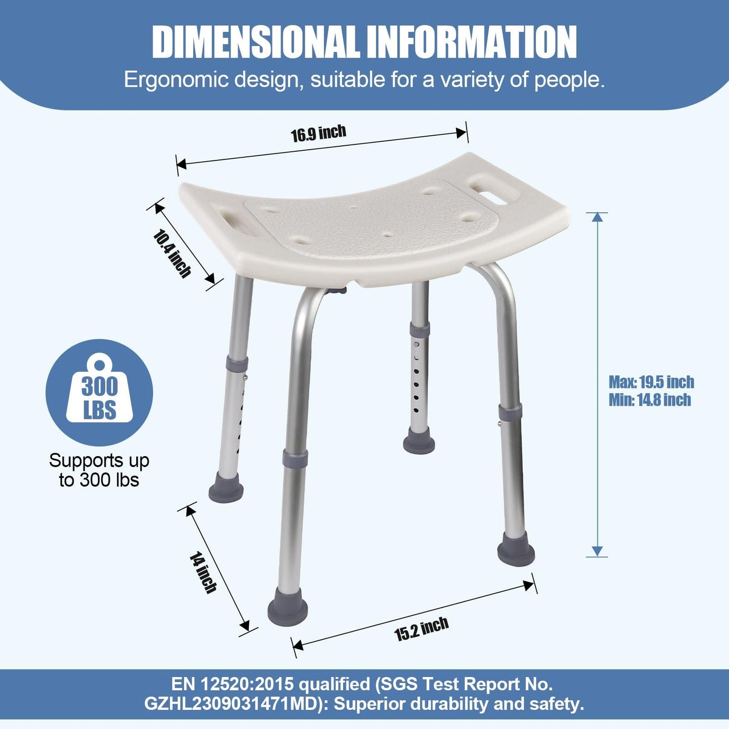 EZ2CARE Shower Chair for Inside Shower, Adjustable Lightweight Alloy Aluminum Shower Bench, Tool-Free Assembly Shower Stool, Shower Seat for Elderly and Disabled, Certified 300 lbs Load, White