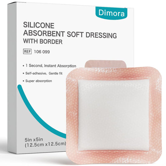 Dimora Silicone Super Absorbent Wound Dressings - Gentle Adhesive Bandages with Ultrasorb Polymer,Heavy Exudate Wound Care Pads 5"X 5" 10 Packs